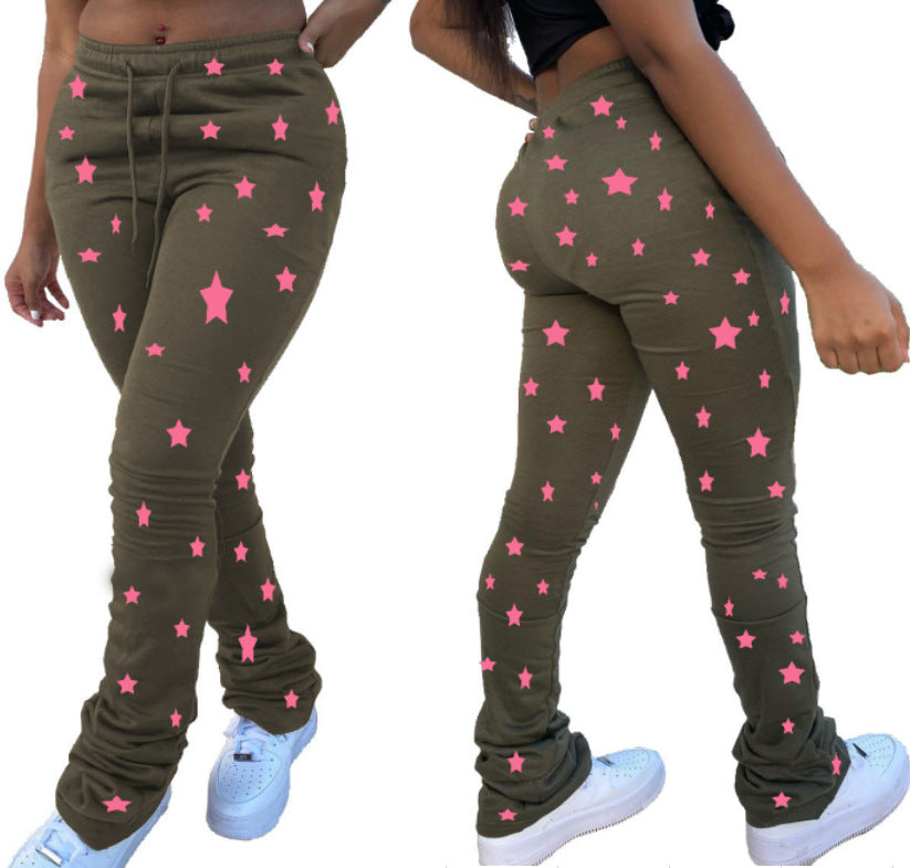 Women's Fashion Denim Print Drawstring Pile Pants