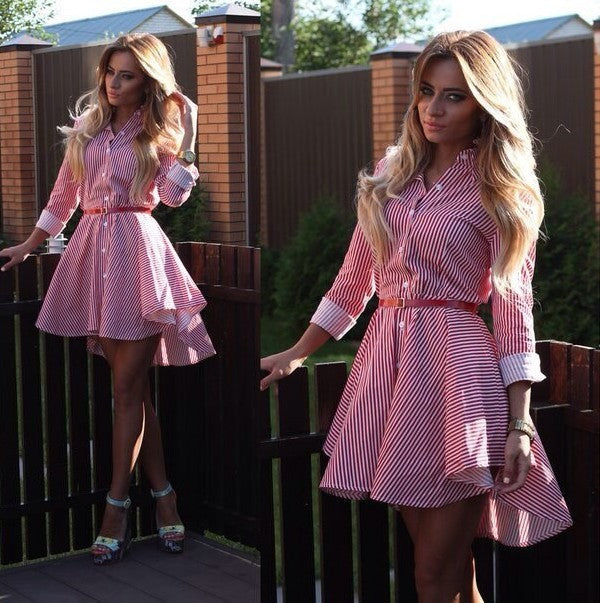 Women's Long-sleeved Striped Shirt Single-breasted Belt Elegant Dress