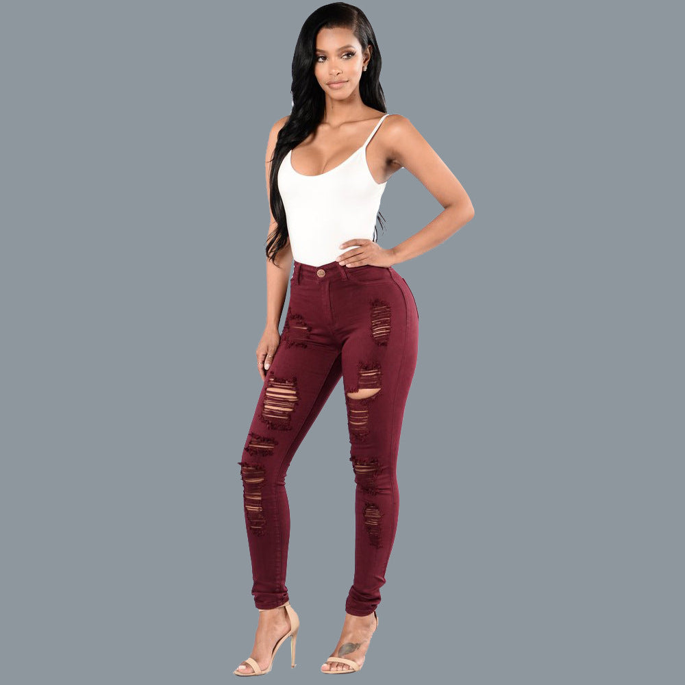 Women's Knee Ripped Slim Skinny Trousers Jeans