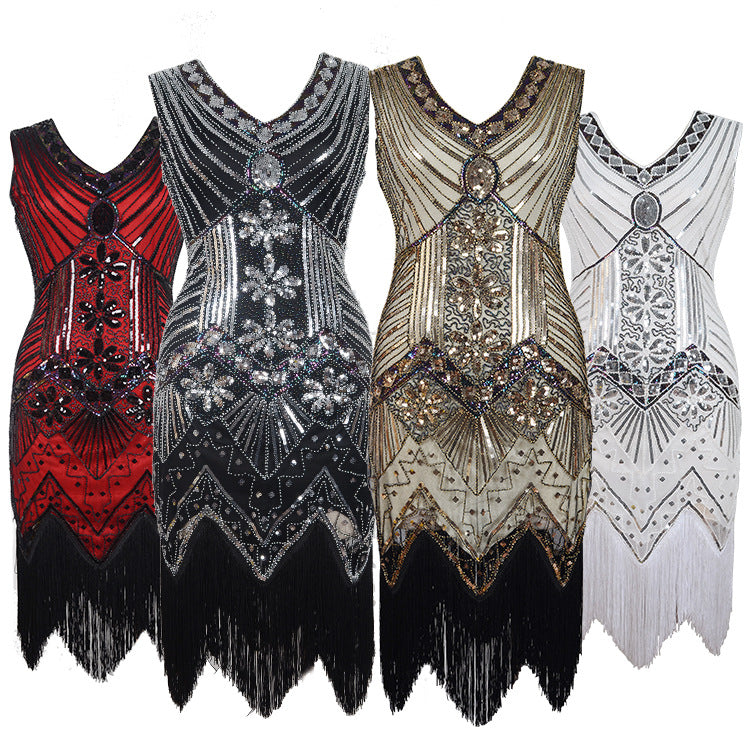Retro Style Sequin Bead Dress Front Back Evening Dresses