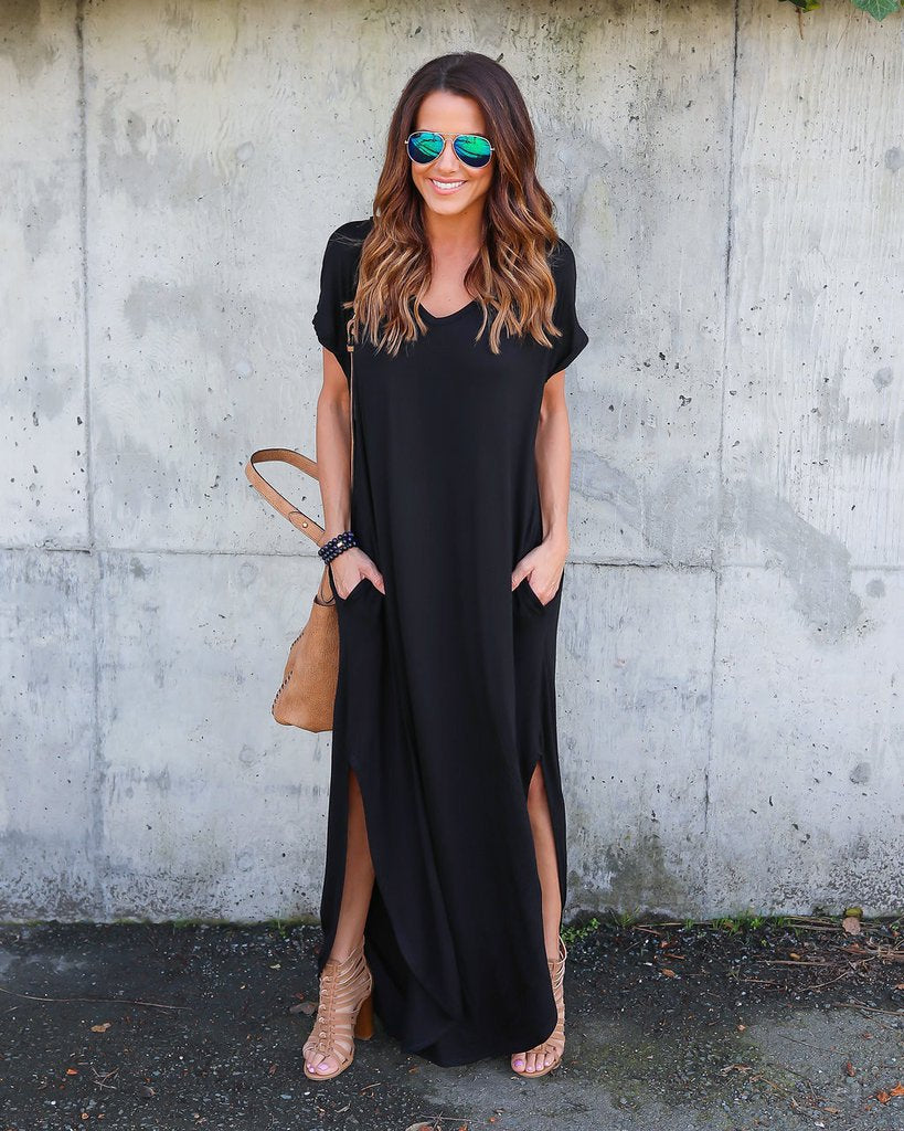 Innovative Slouchy Long Dress Pocket Split Dresses