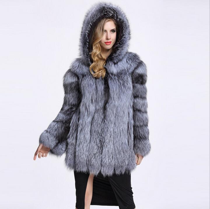 Women's Faux Fur Hooded Stitching Sier Fox Coats