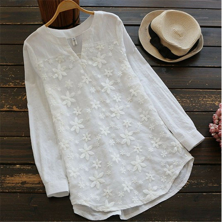 Women's Lace Embroidery Long Sleeve Shirt Loose Blouses