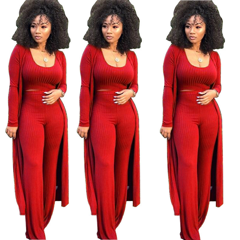 Women's High Elastic Sunken Stripe Three-piece Tight Suits
