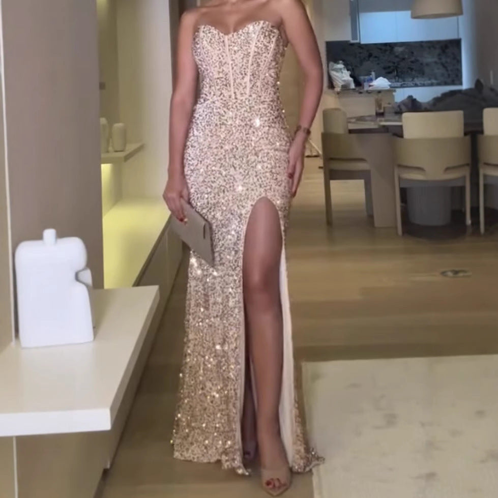 Sequin Back Lash Rope Bra Side Evening Dresses