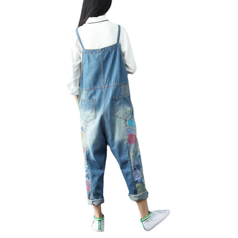 Women's Stitching Printed Suspenders Big Crotch Suspender Jeans