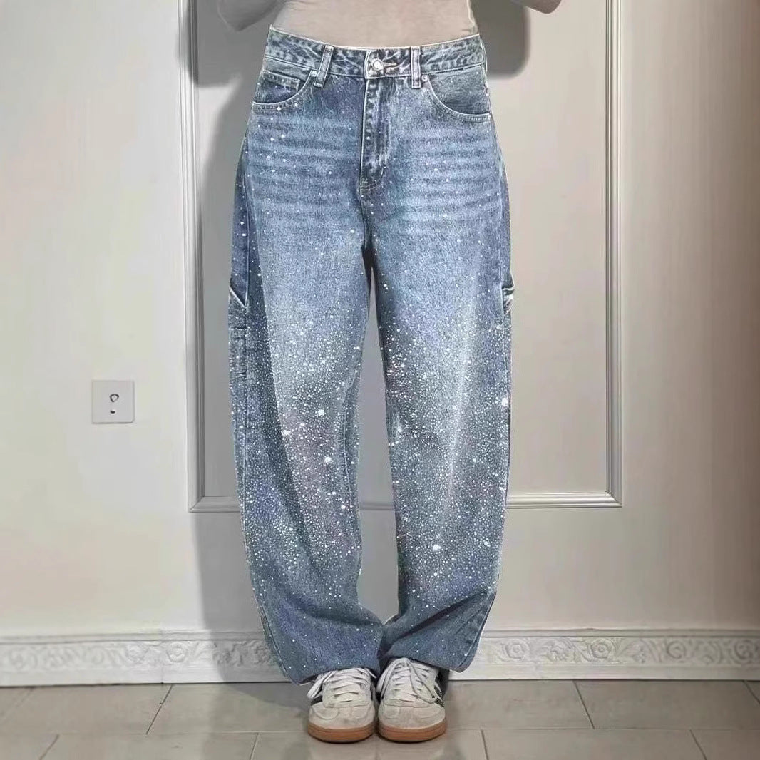 Women's American Street Style Rhinestone Straight Jeans