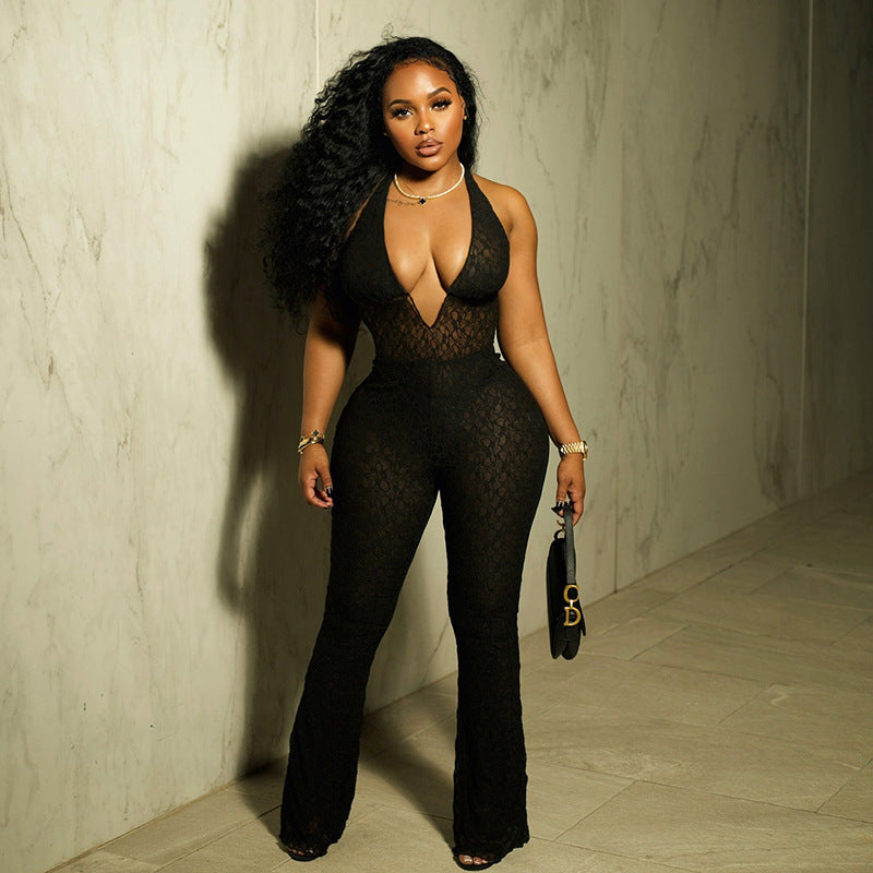 Women's Autumn Sexy Fashion Halter Deep Lace Jumpsuits