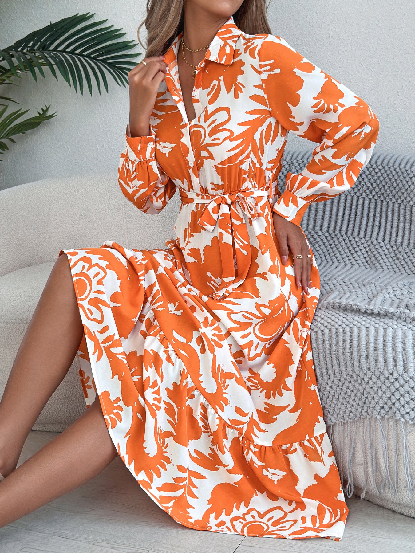 Women's Casual Flower Long Sleeve Shirt Ruffled Dress