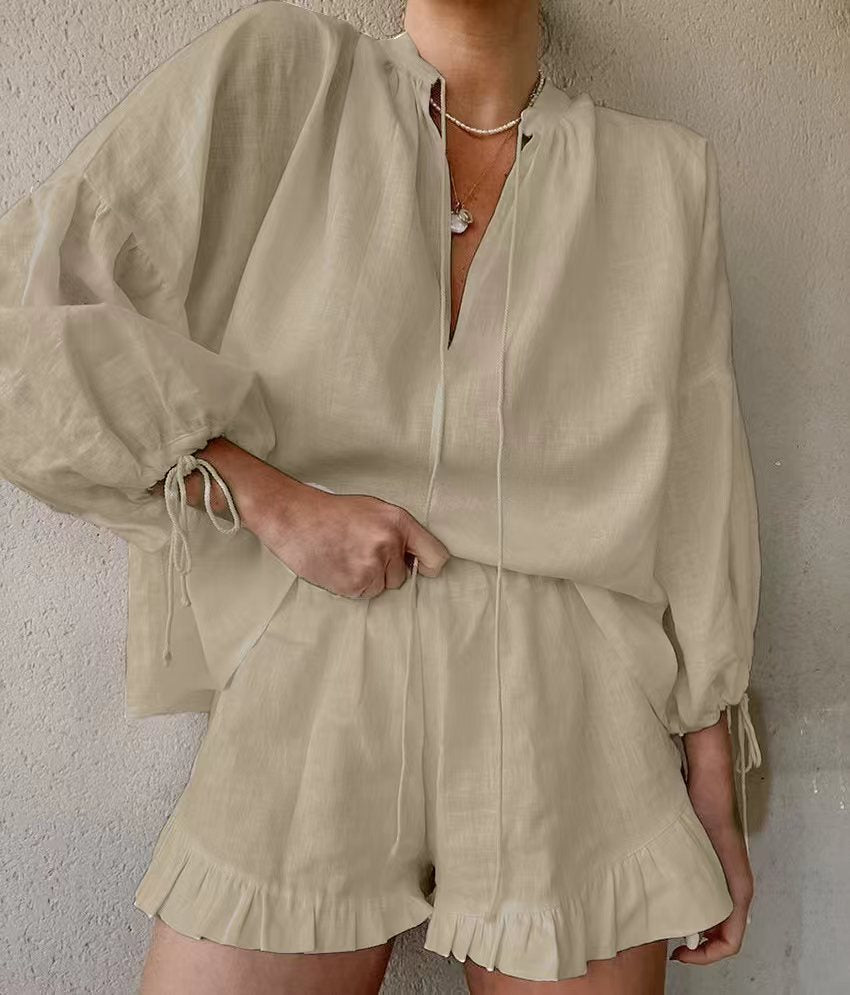 Linen Solid Color Loose Lantern Sleeve Two-piece Summer Suits