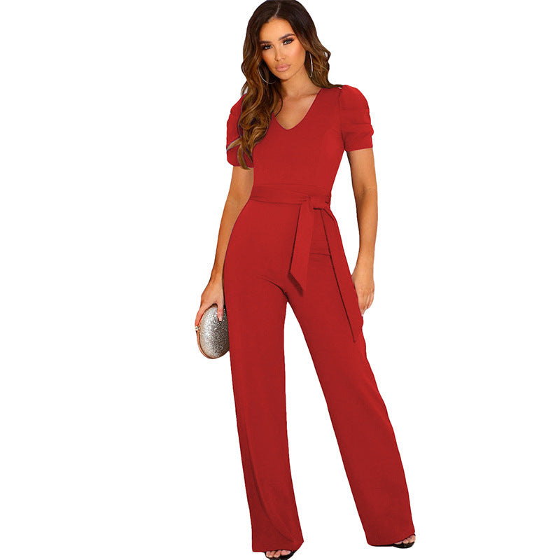 Women's Temperament Bandage Fitted Waist Solid Color Jumpsuits