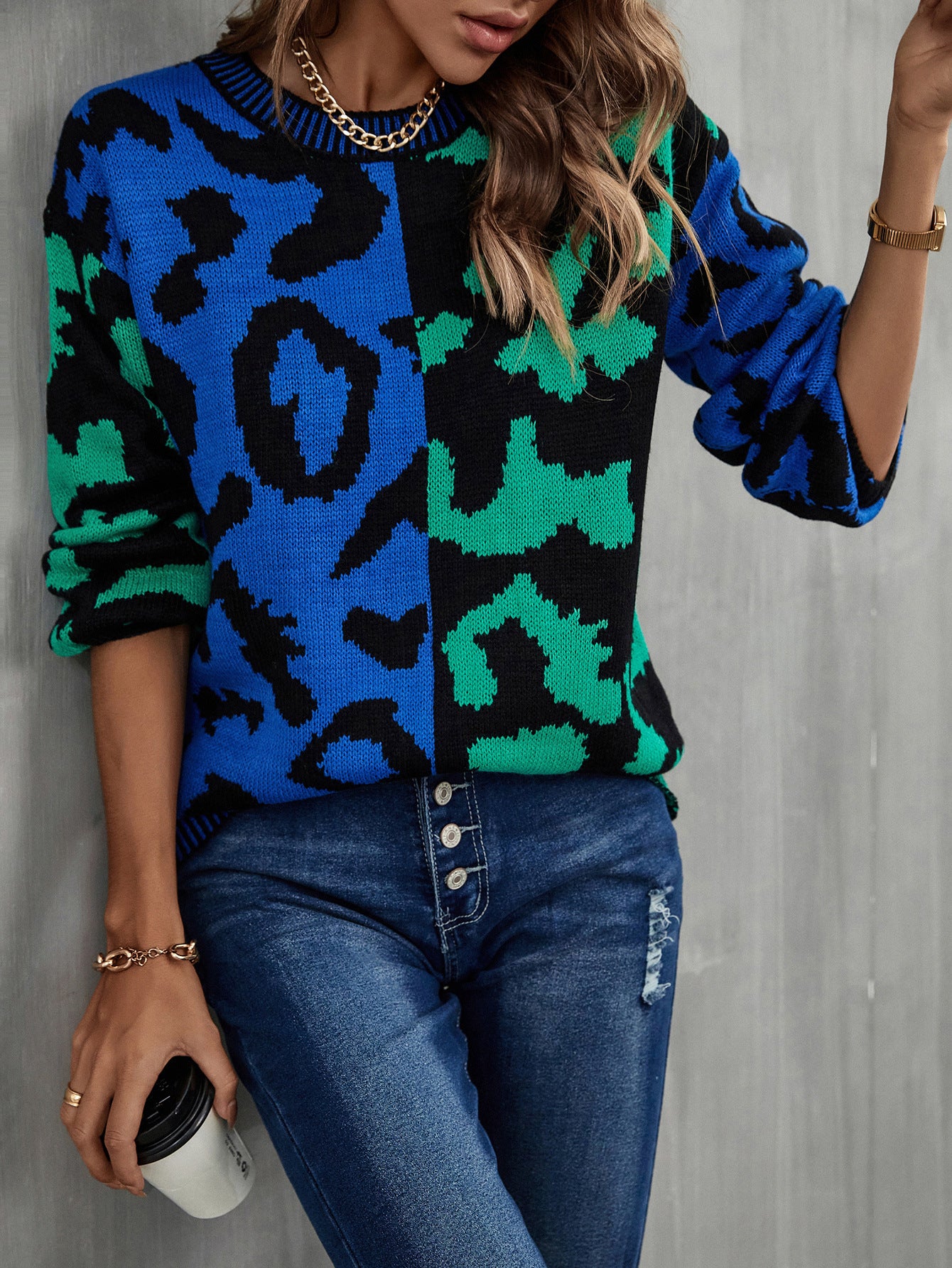 Glamorous Spring Leopard Splicing Mixed Pullover Sweaters
