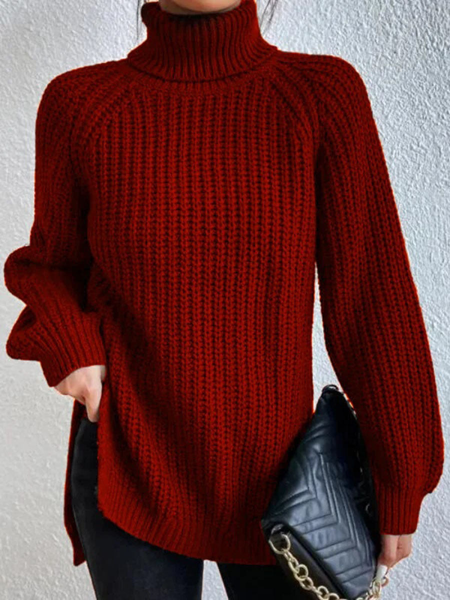 Women's Mid-length Raglan Sleeve High Lapel Split Knitwear