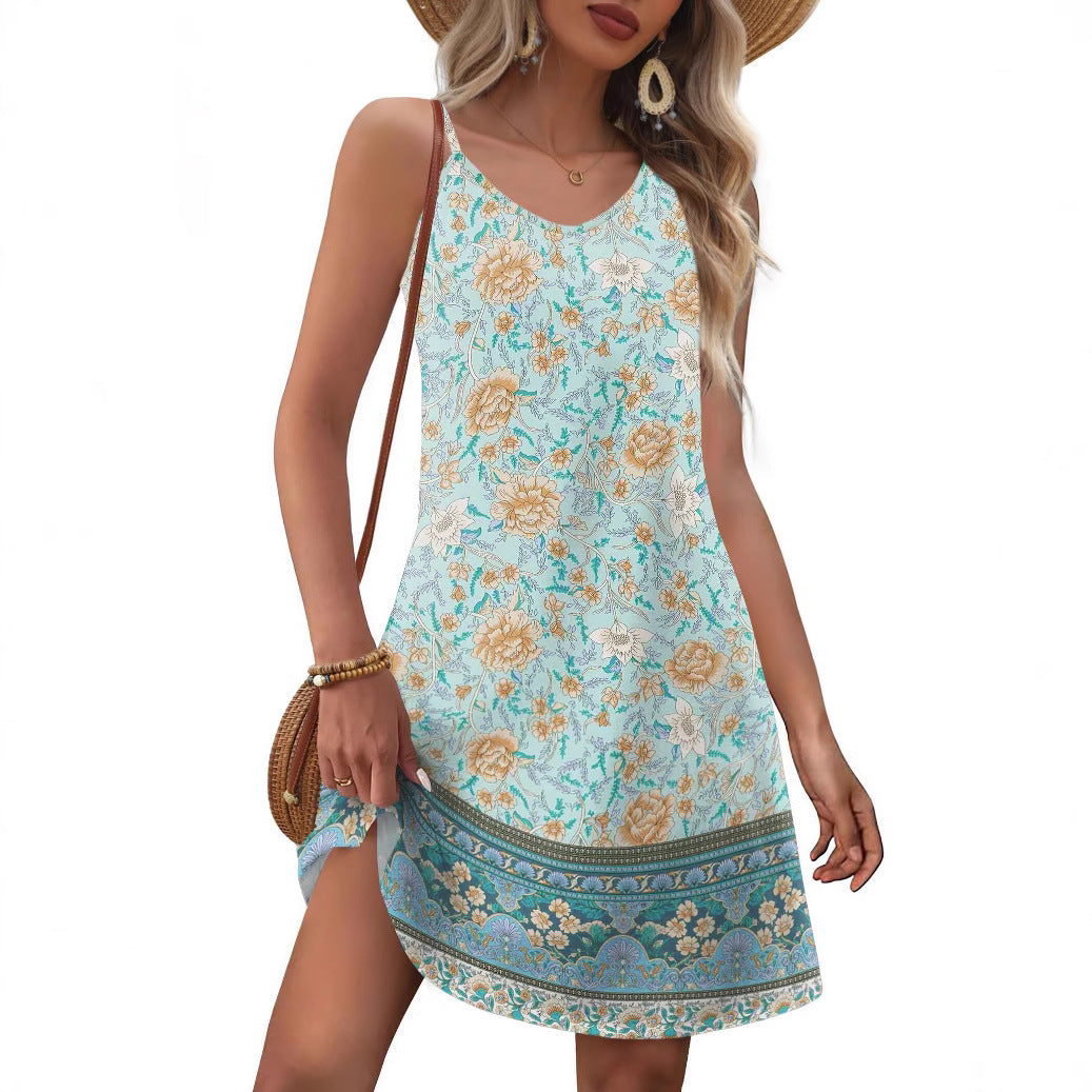 Women's Vacation Style Printed Round Neck Adjustable Buckle Dresses