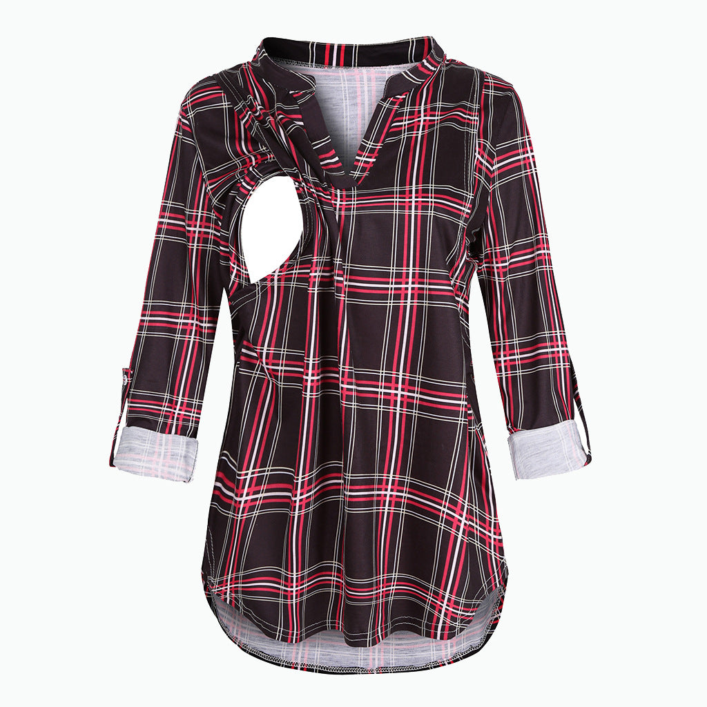 Plaid Printed Pregnant Woman Breastfeeding Long Blouses