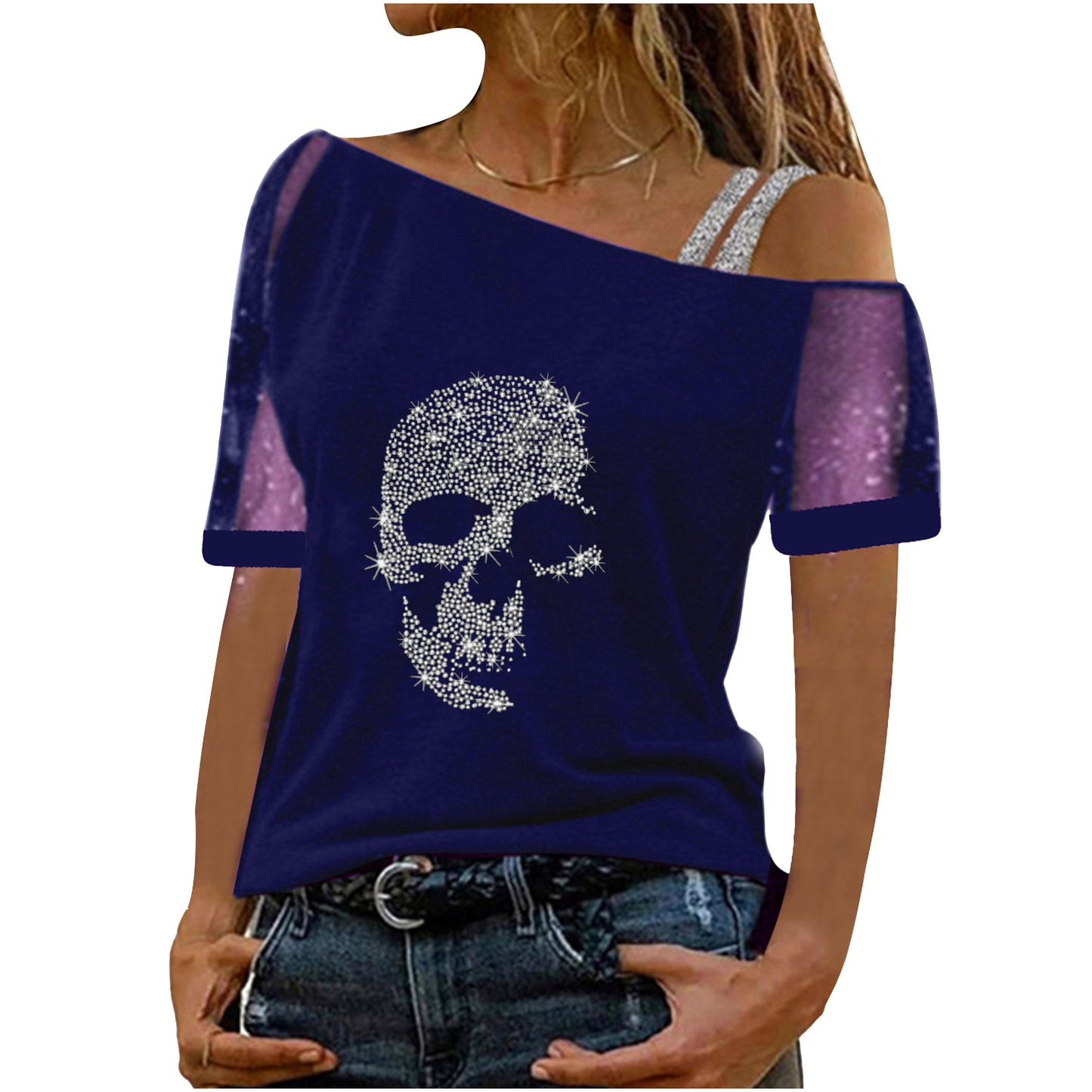 Rhinestone Diagonal Collar Gauzy Short-sleeved T-shirt Blouses