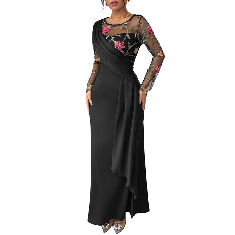 Women's Retro Temperament Crew Neck Mesh Embroidery Dresses