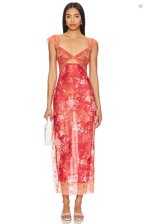 Women's Lace Backless Shoulder Strap Stitching Slit Dresses