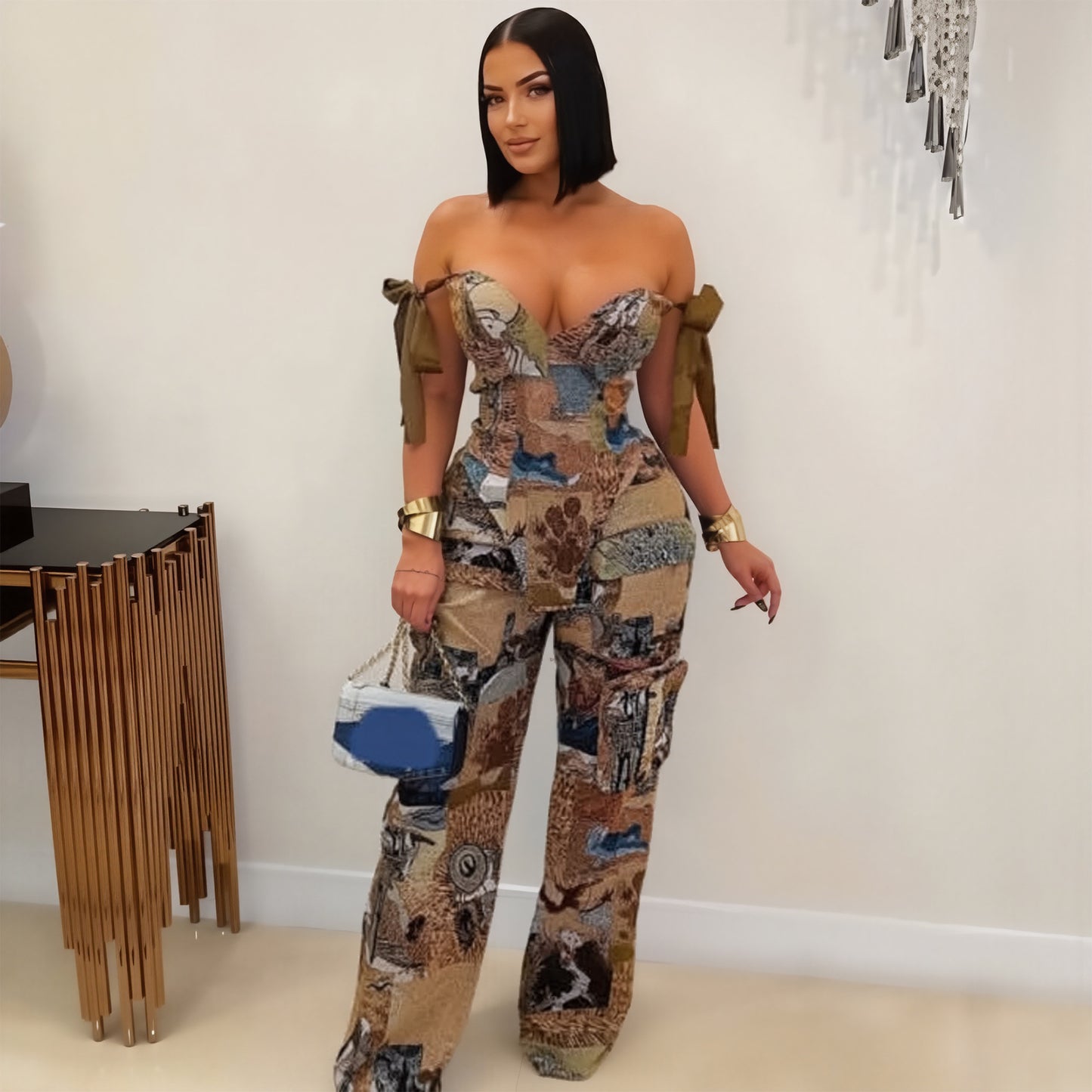 Printed Oil Painting Pattern Strap Drawstring Suits