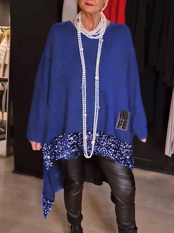 Irregular Hem Sequin Stitching Round Neck Blouses
