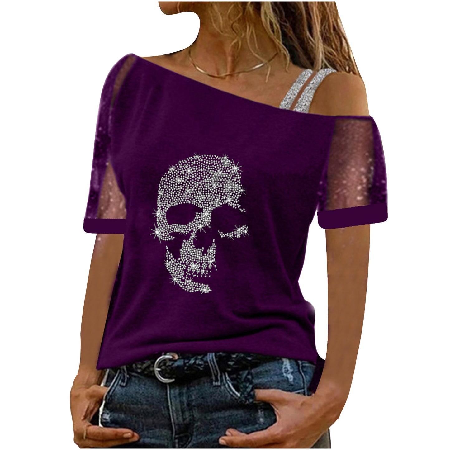 Rhinestone Diagonal Collar Gauzy Short-sleeved T-shirt Blouses
