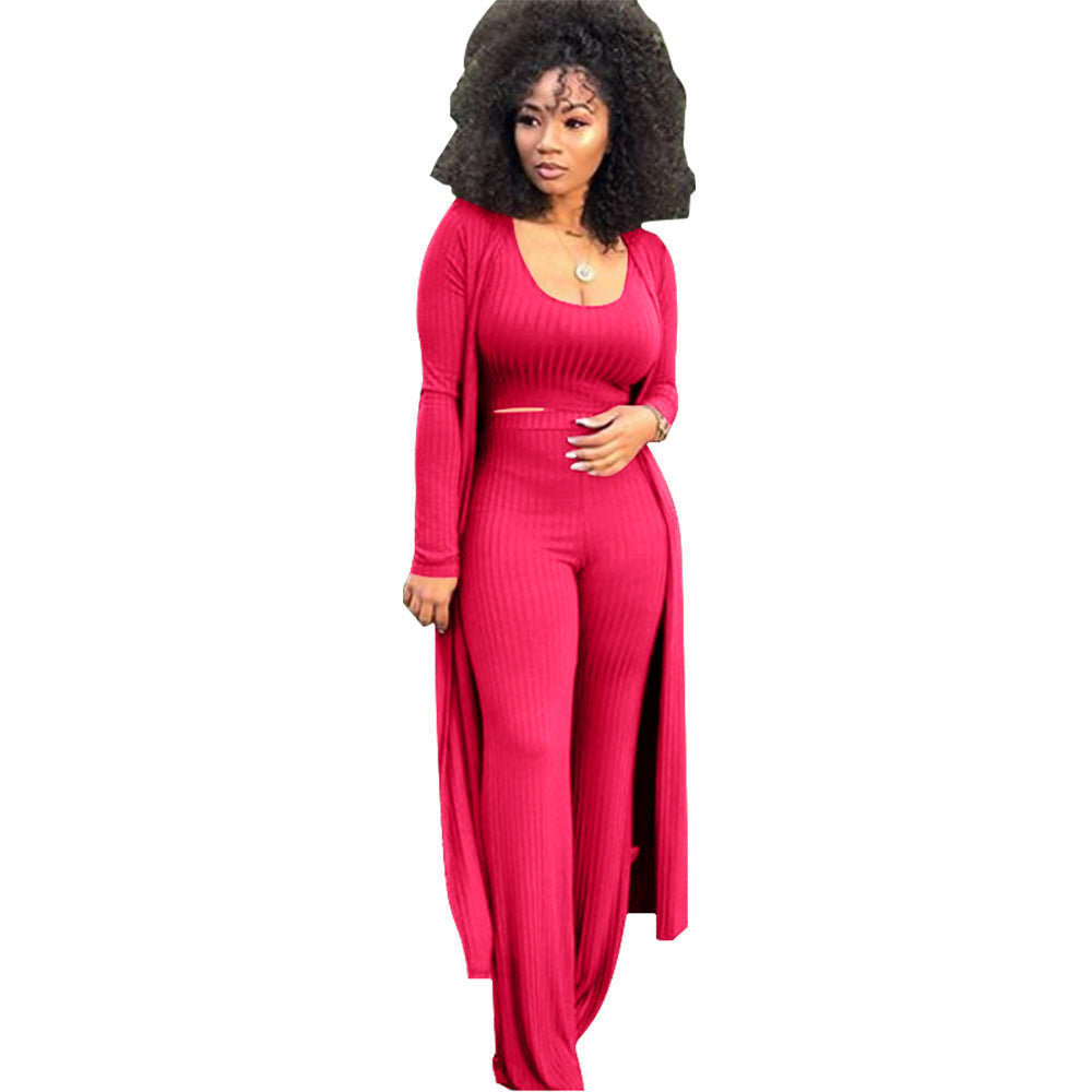 Women's High Elastic Sunken Stripe Three-piece Tight Suits