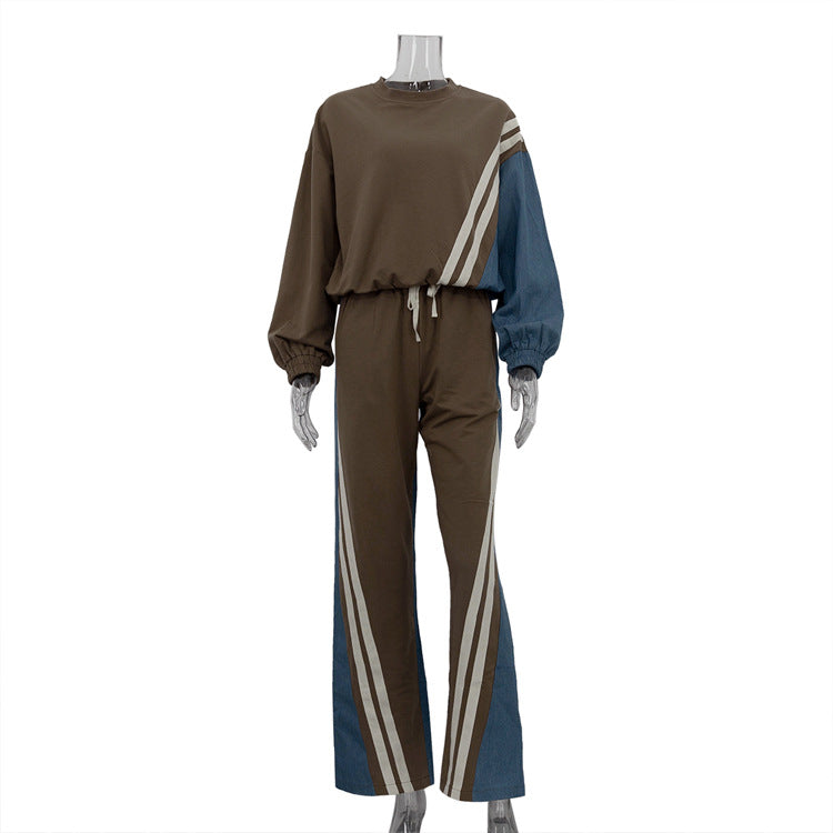 Color Striped Pullover Drawstring Trousers Two-piece Suits