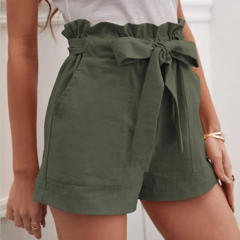 Women's Linen Leisure Pocket Solid Color Waist Shorts