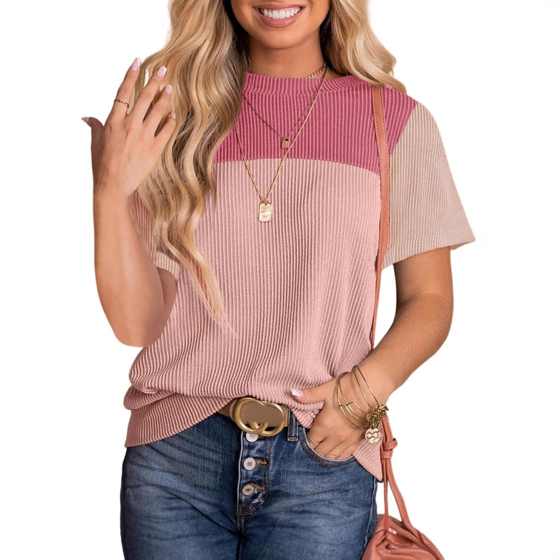 Women's Summer Stitching Stripe Short-sleeved T-shirt Pullover Blouses