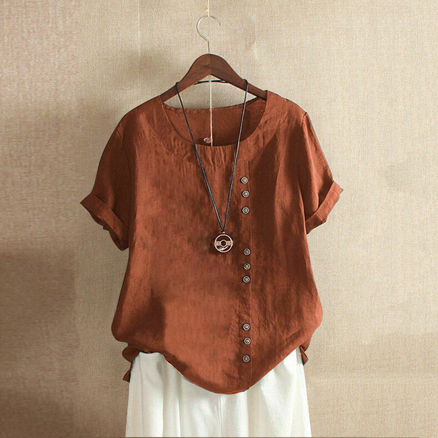 Women's Button Sleeve Casual Holiday Round Neck Regular Cotton Blouses