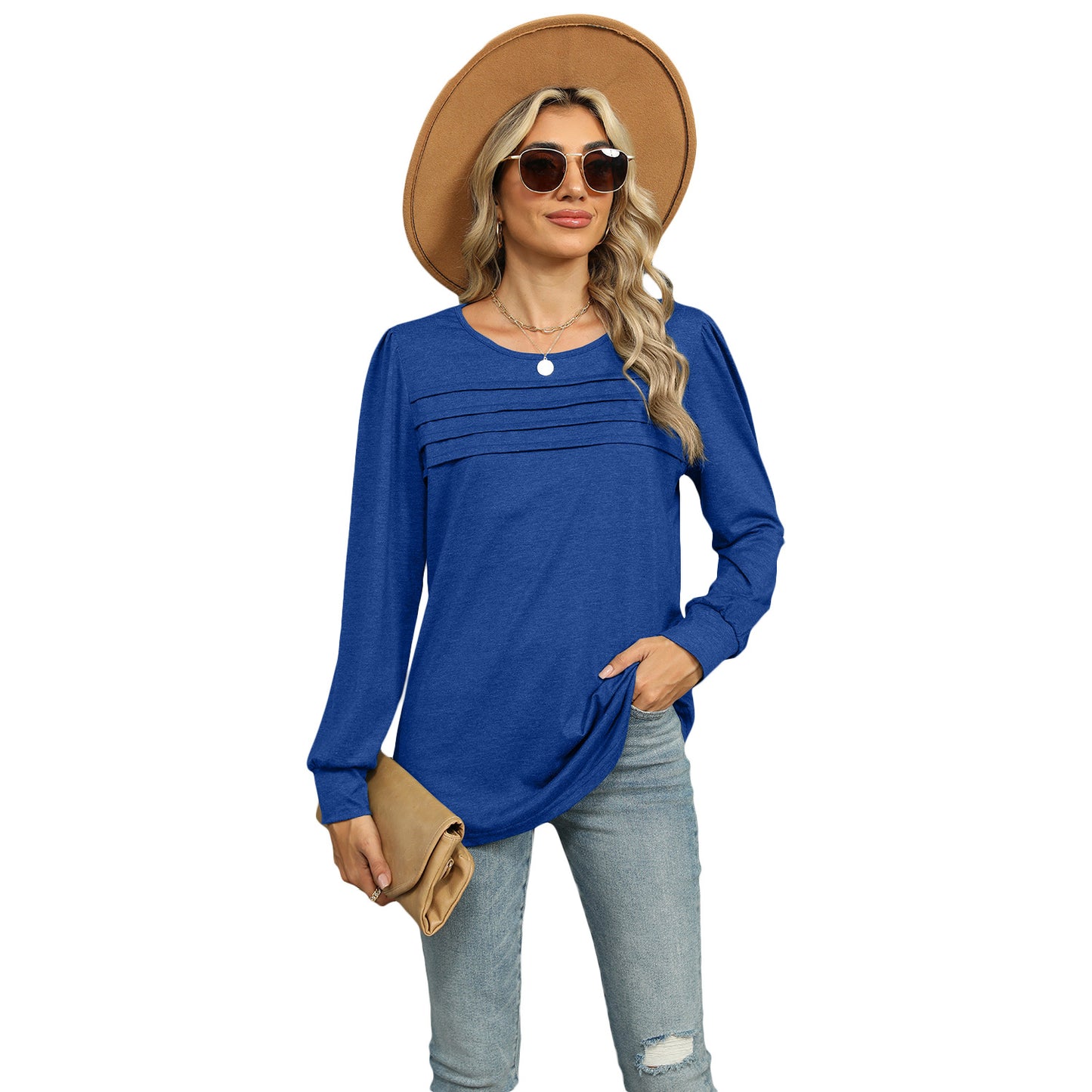 Women's Solid Color Pleated Long-sleeved T-shirt For Tops