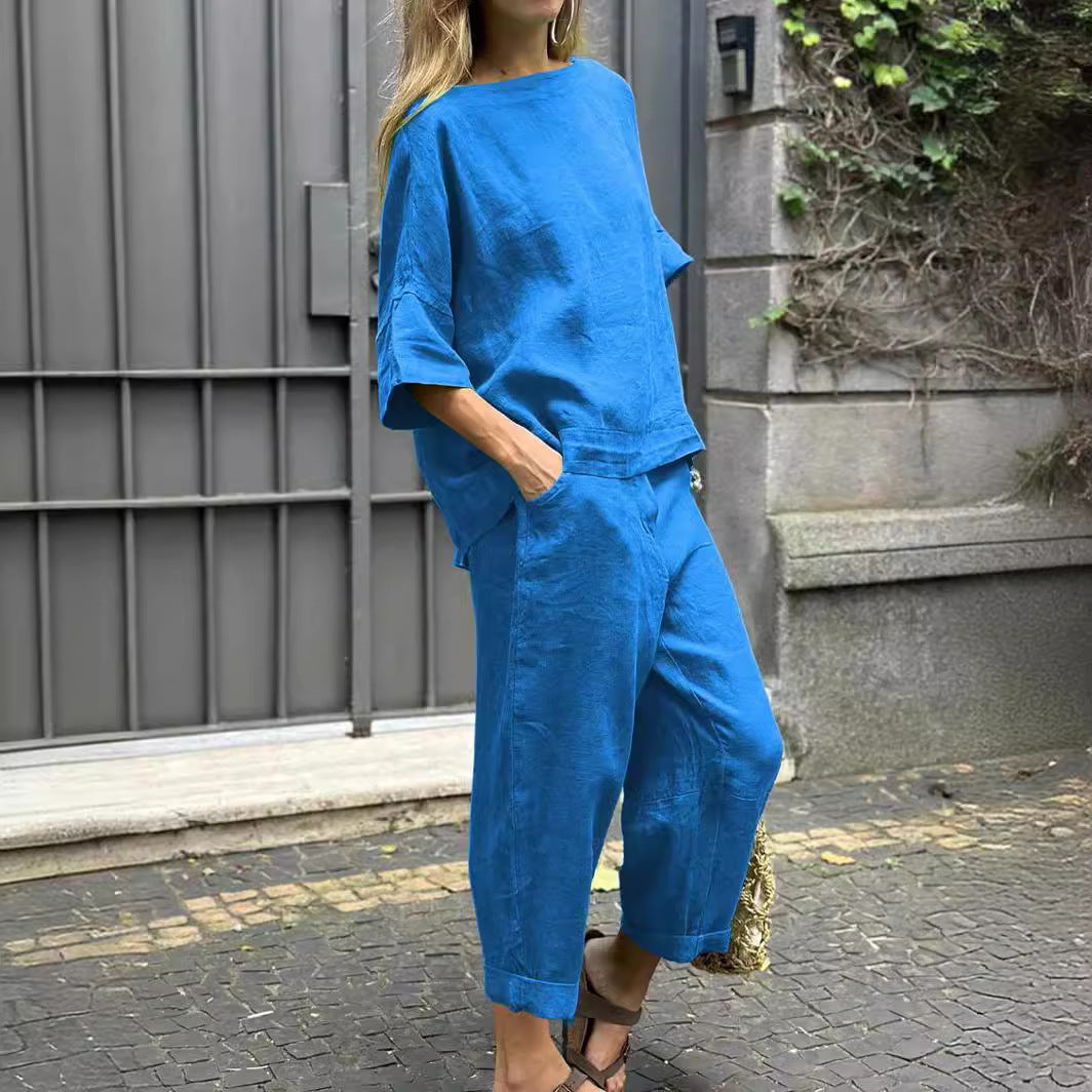 Women's Set Cotton Linen Shirt Outfit High Plus Size