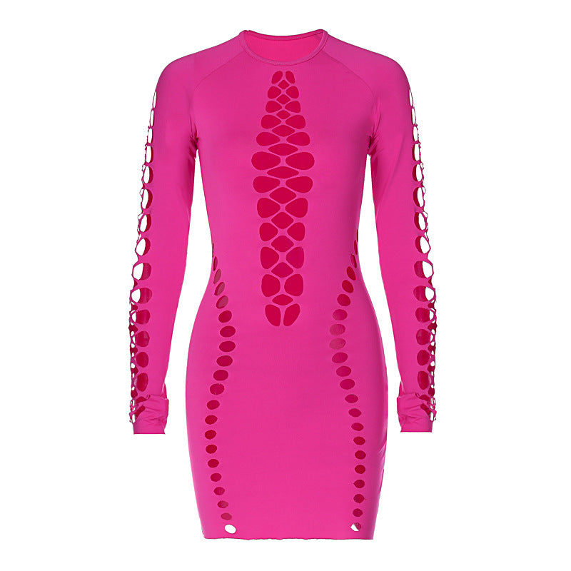 Women's Solid Color Sexy Hollow Long-sleeved Close-fitting Dresses