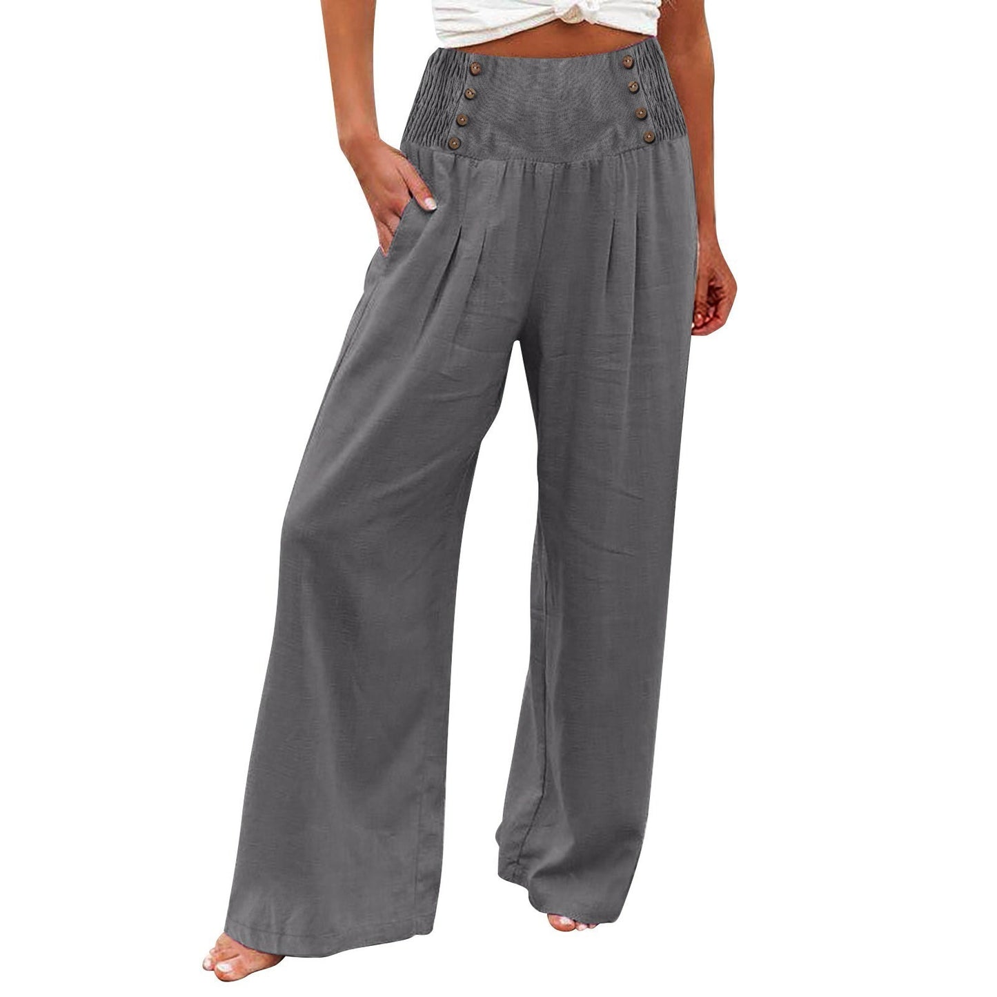 Women's Elastic Waist High Wide Leg Cotton Pants