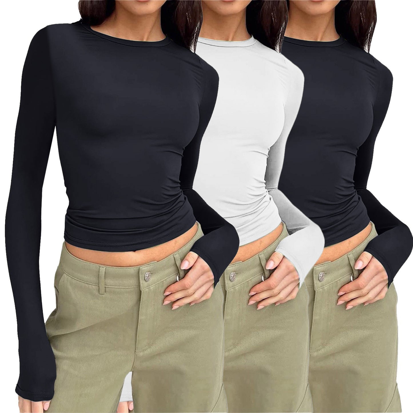 Women's Long-sleeved Solid Color Slim Pullover T-shirt Blouses