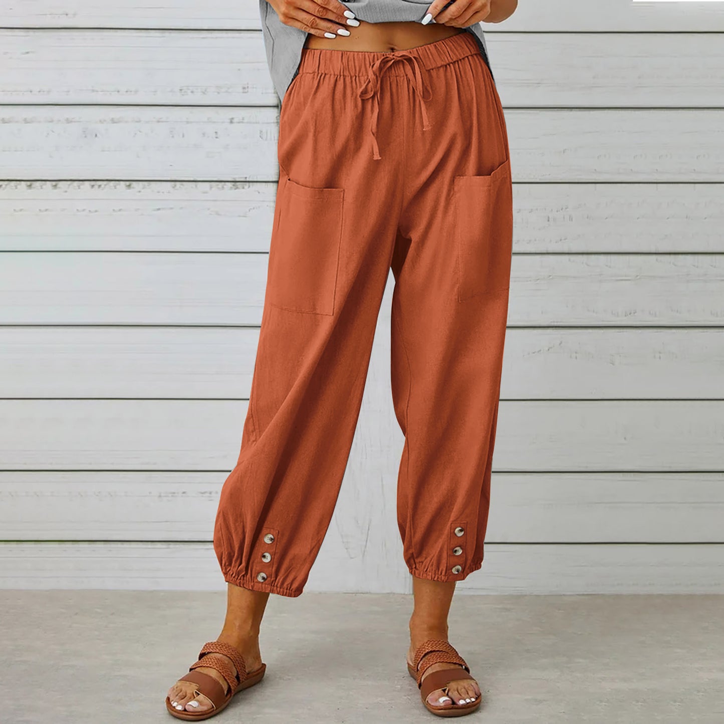 Women's High Waist Button Cotton Linen Trousers Pants