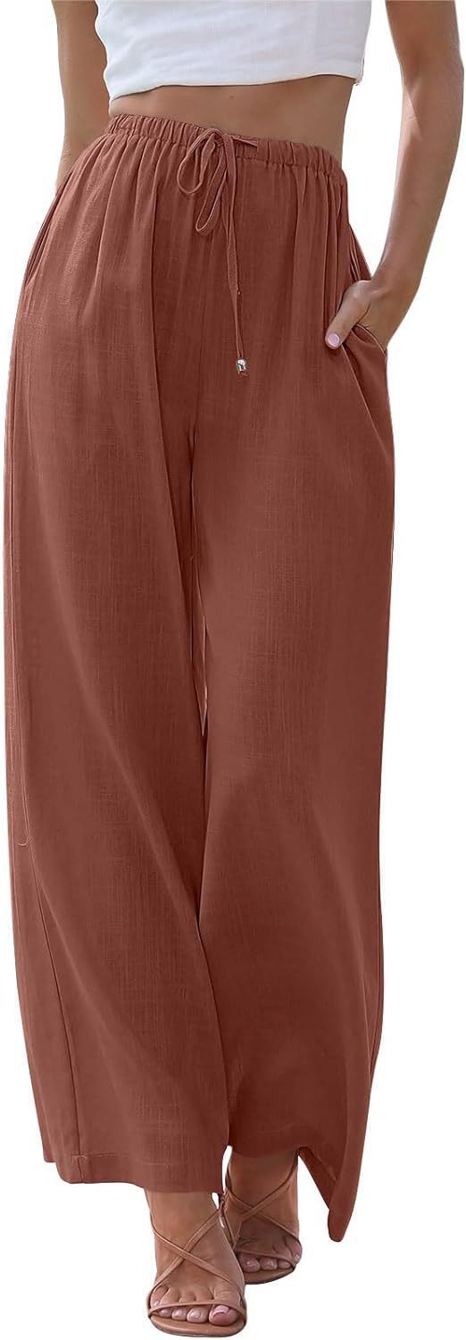 Women's Linen Loose Casual Pocket Drawstring Wide Pants