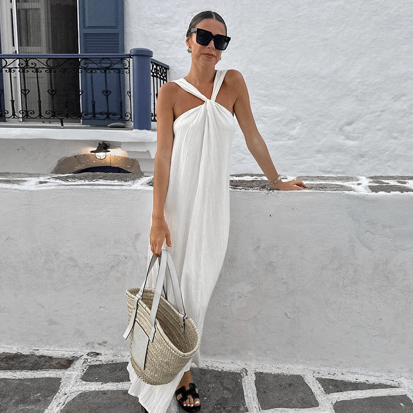 Women's Beige Sleeveless Halter Seaside Beach Leisure Dresses