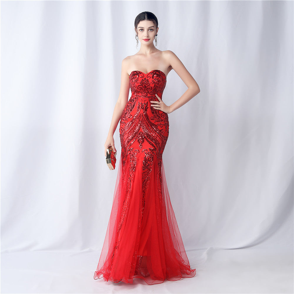 Flower Cut Mesh Sequin Dinner Toast Evening Dresses