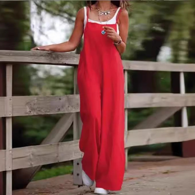Women's Summer Solid Color Casual Pocket Sling Jumpsuits