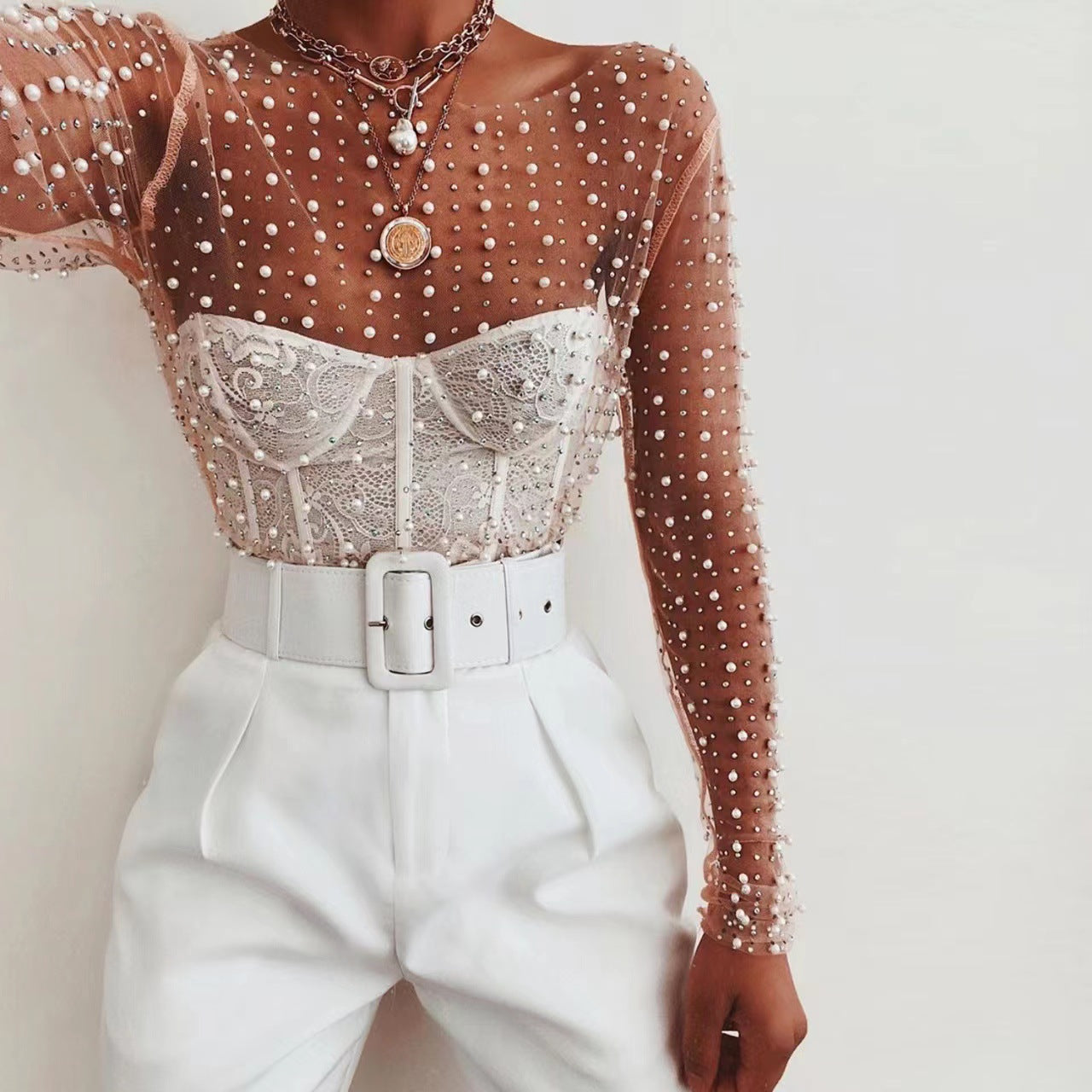 Pearl Stretch Crew Neck Mesh Slimming Tops