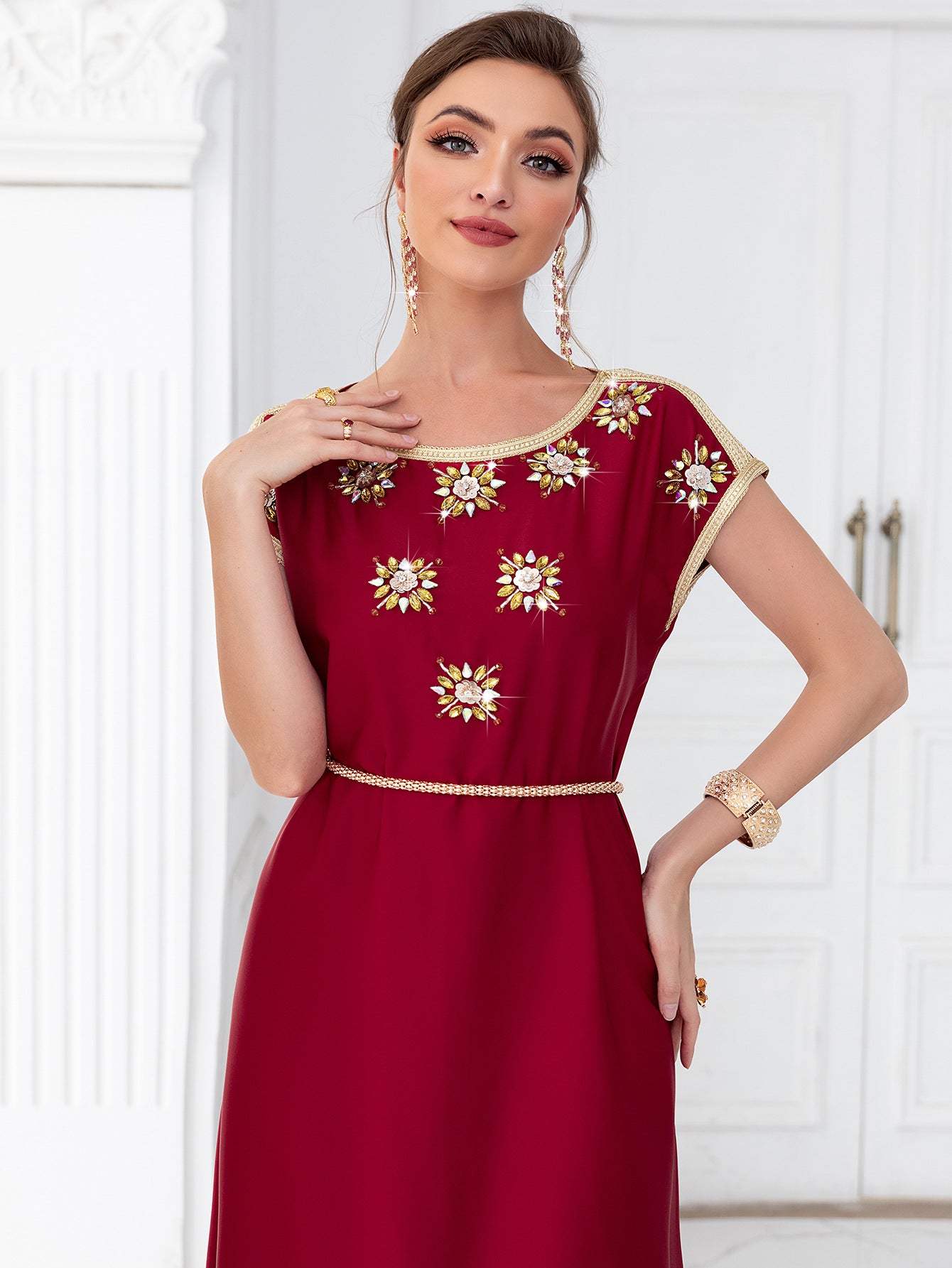 Wine Red Waal Satin Diamond Sleeve Dresses