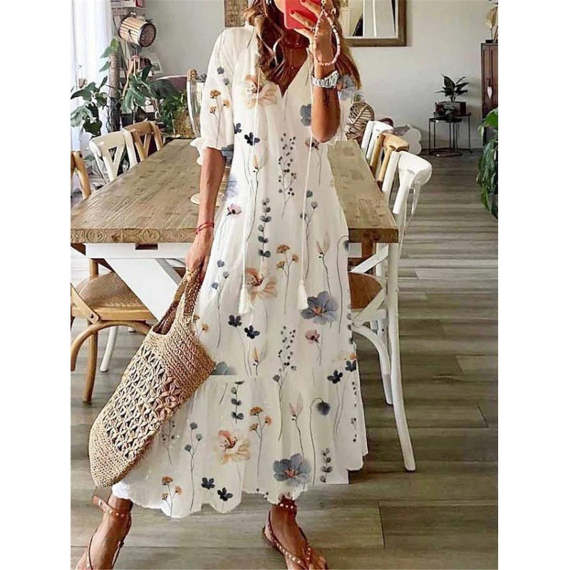 Casual Sweet Loose Printed Tassel Long Dresses