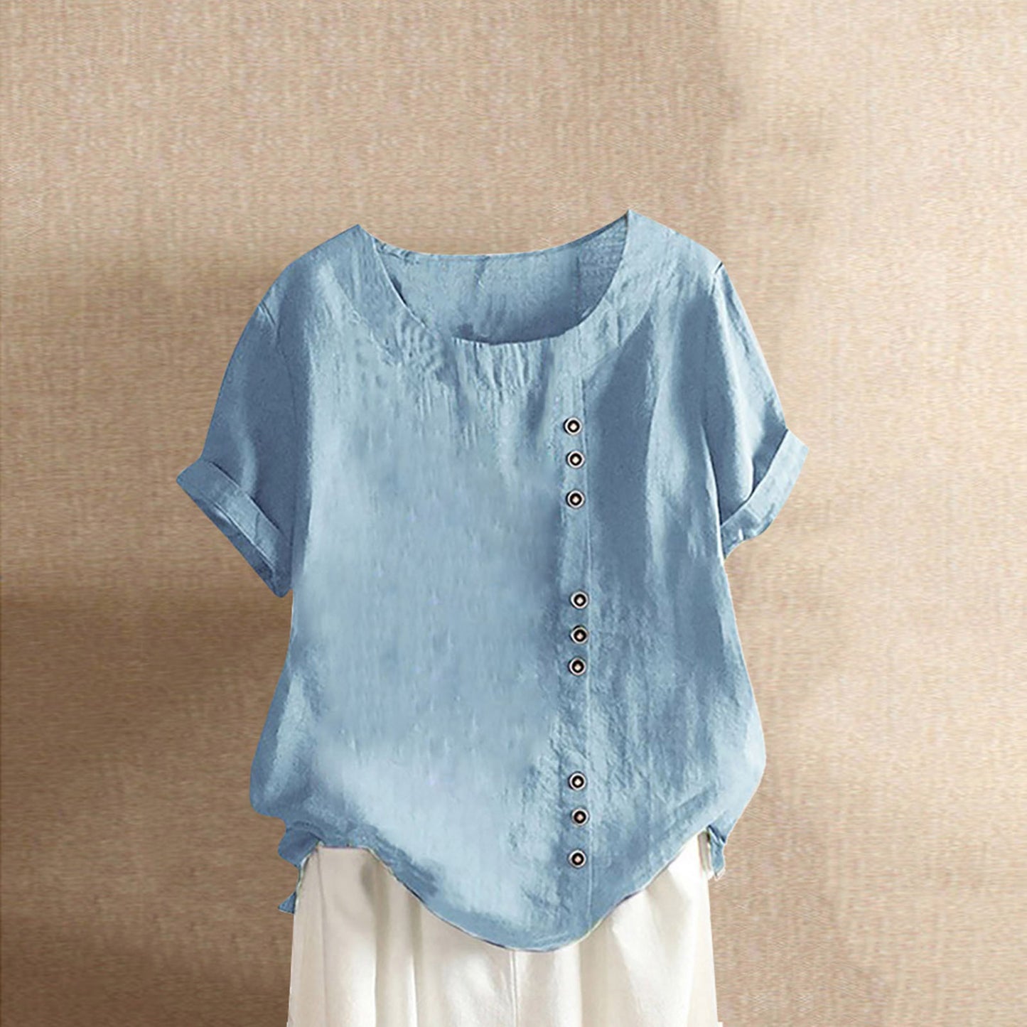 Women's Button Sleeve Casual Holiday Round Neck Regular Cotton Blouses