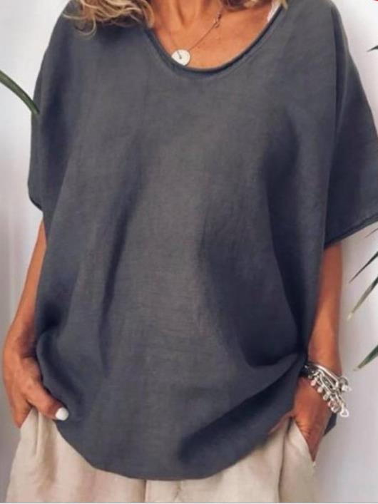 Solid Color Loose Sleeve Casual Cotton Blouses