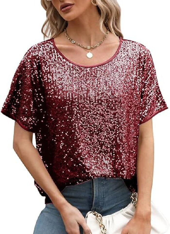 Loose Sequins Shoulder Sleeve Casual Sequin Tops