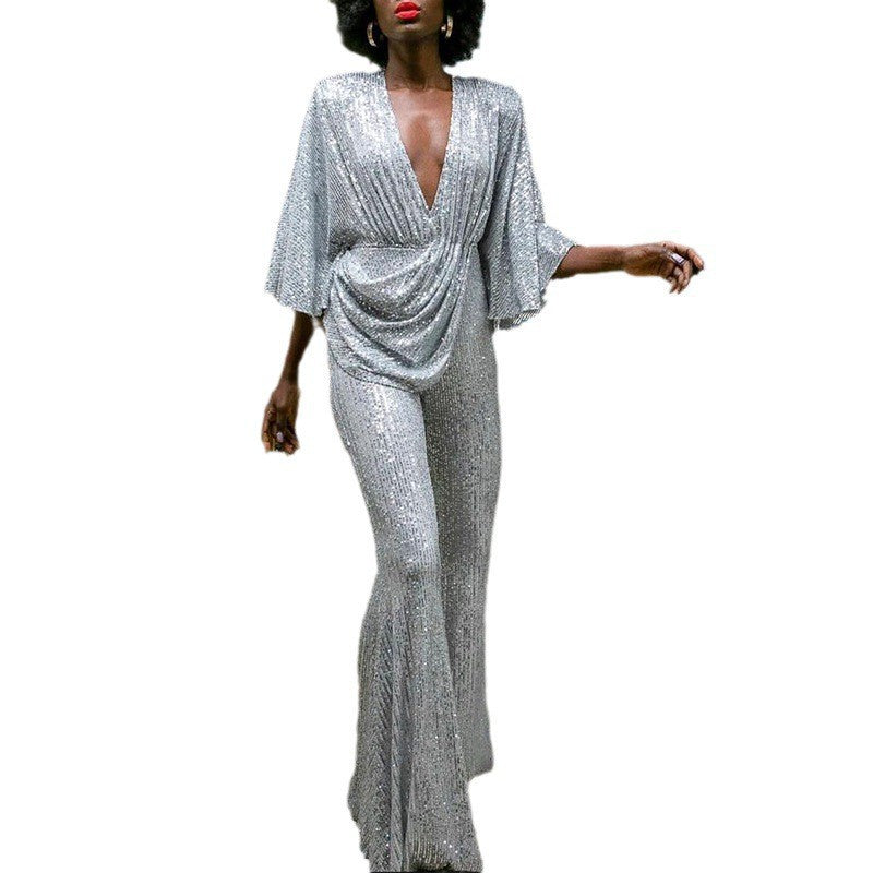 Women's Versatile Sequined Deep Backless Trousers Jumpsuits