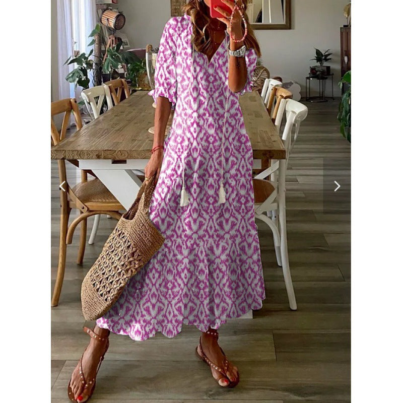 Casual Sweet Loose Printed Tassel Long Dresses