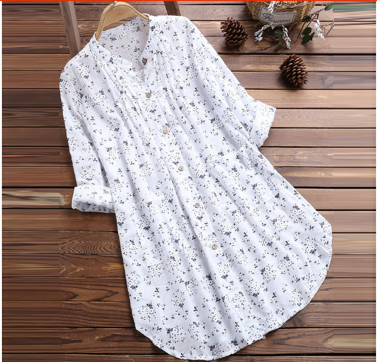 Women's Shirt Cotton Linen Floral Mid-length Loose Blouses