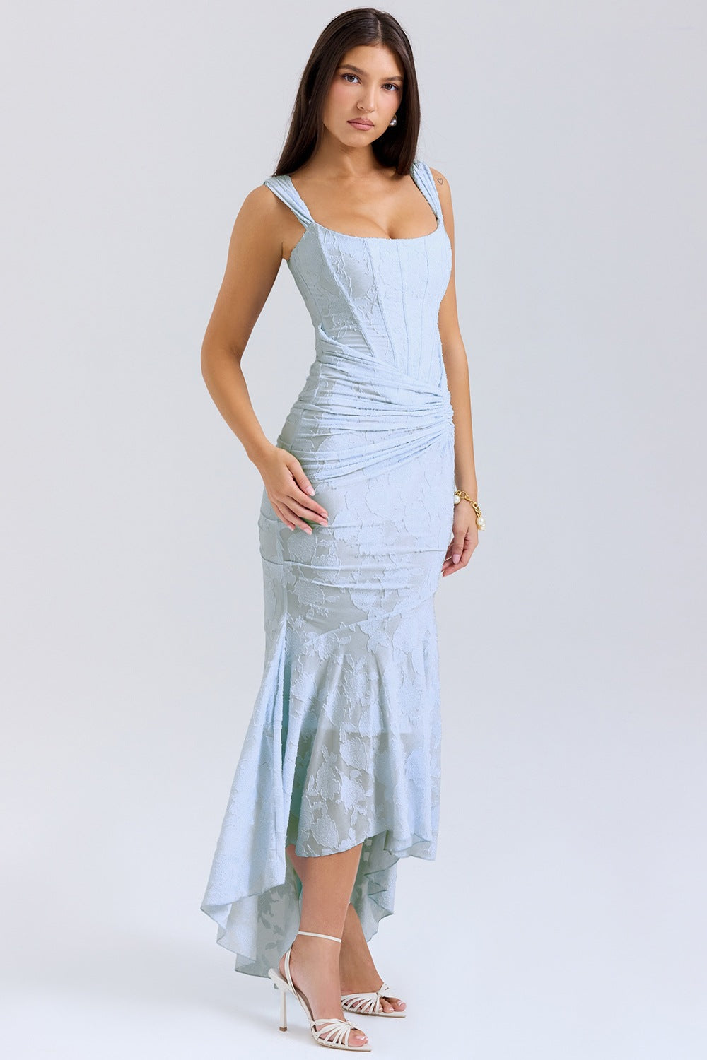 Square Collar Elastic Net Jacquard Pleated Dresses